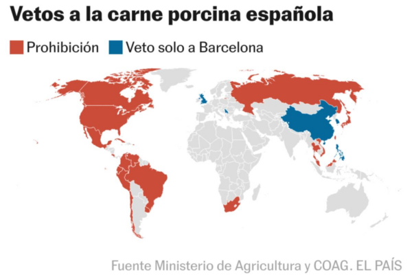 Peste porcina: restricciones y prohibiciones a la importación de carne de cerdo española en el mundo