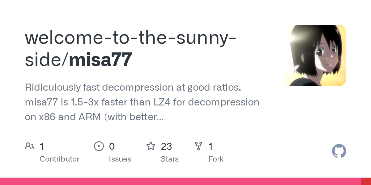 Misa77: Descompresión ultra rápida en x86 y ARM, 1.5 a 3 veces más veloz que LZ4 y con mejores proporciones.