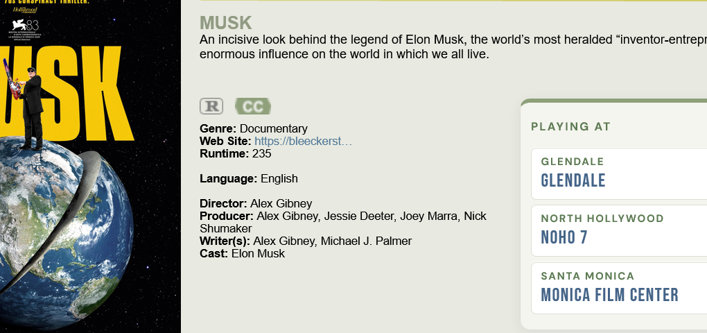 Documental sobre Musk retirado de casi 500 cines tras su estreno una semana después de ser adquirido por Bleecker Street Films.