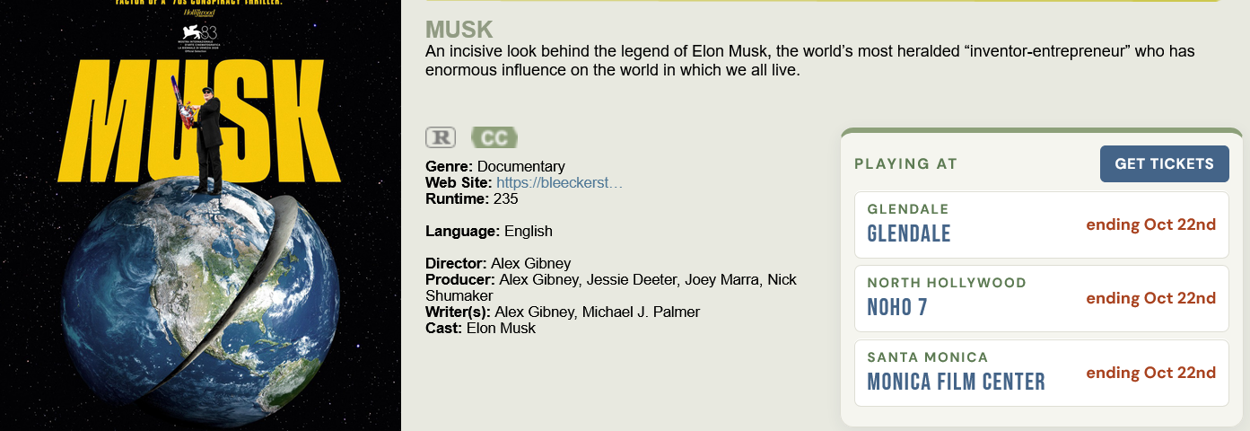 Documental sobre Musk retirado de casi 500 cines tras su estreno una semana después de ser adquirido por Bleecker Street Films.
